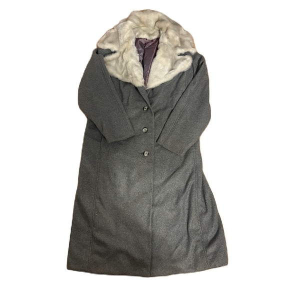 Vintage Faux Fur Collar Union Made Long Overcoat Full Length Sz 14 Gray - Picture 1 of 8